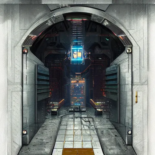 Image similar to a giant door to a top secret vault, detailed digital illustration by greg rutkowski, cyberpunk, android netrunner