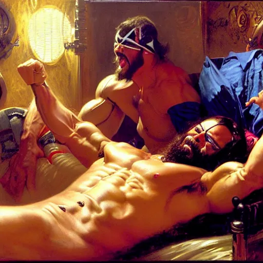 Image similar to macho man randy savage ring gear is in his bed, nervous and terrified, because lex lugar in a wheel chair is attacking him. highly detailed painting by gaston bussiere, j. c. leyendecker, greg rutkowski, craig mullins 8 k