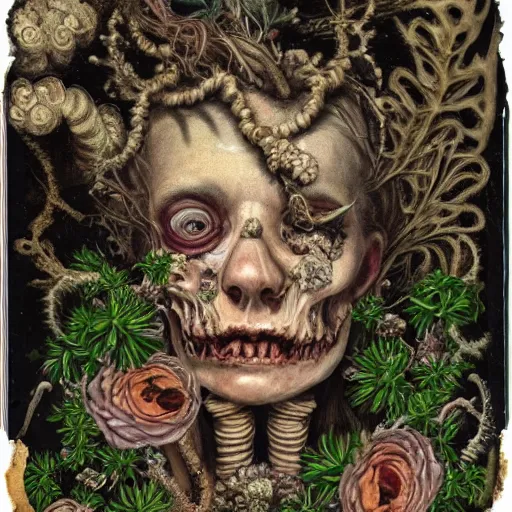 Prompt: a beautiful detailed front view baroque portrait of a rotten woman corpse with fractal plants and fractal flowers and mushrooms growing around, intricate, ornate, bones, volumetric light, beautiful lit, polaroid photography