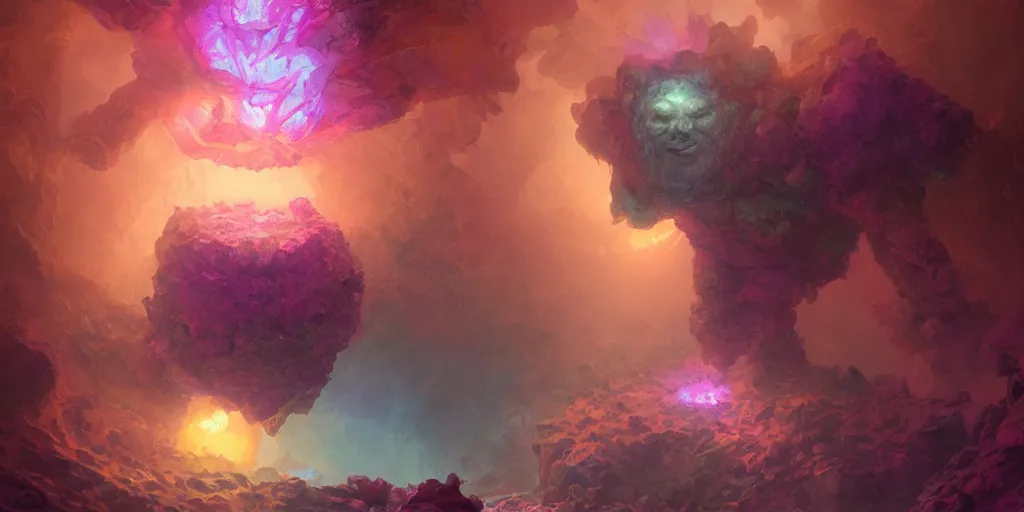 Prompt: crystal golem creature, purple orange pink colors, underwater coral cavern background, concept art, beautiful lights, d & d, fantasy, highly detailed, masterpiece, volumetric lighting, digital painting, artstation, smooth, sharp focus, illustration, art by artgerm, by greg rutkowski