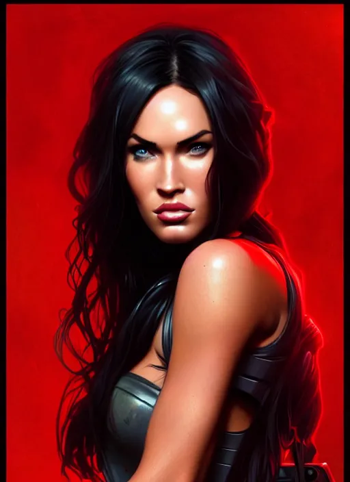 Image similar to portrait of megan fox as v, cyberpunk, gun, science fiction, cd project red, intrigante, headshot, highly detailed, digital painting, artstation, concept art, sharp focus, cinematic lighting, illustration, art by artgerm and greg rutkowski, alphonse mucha, cgsociety