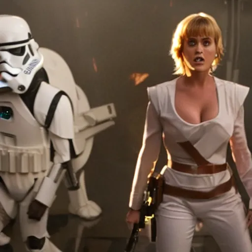 Prompt: movie still of katy perry as luke skywalker in star wars