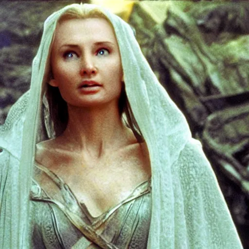 Image similar to Liam Neeson as Galadriel, Lord of the Rings, film still, high detail