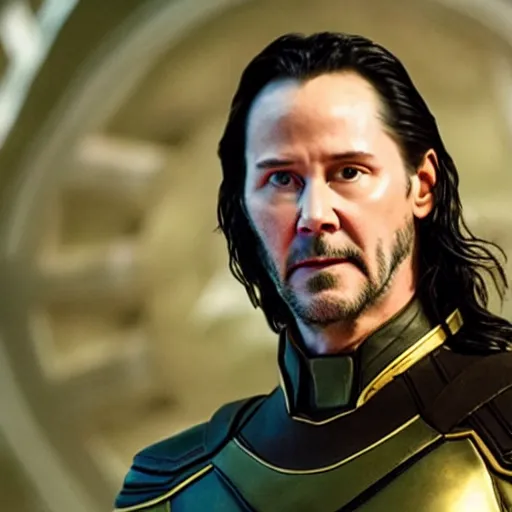 Image similar to film still of Keanu Reeves as Loki wearing the horned helmet in Avengers Endgame