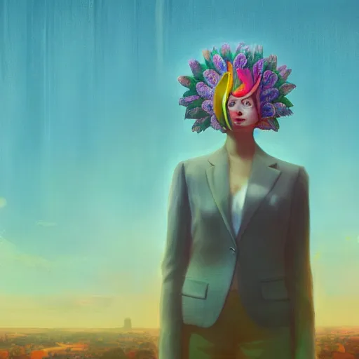 Image similar to giant daisy flower head, woman in suit, standing next to modern window in luxury loft, surreal photography, sunlight, impressionist painting, digital painting, artstation, simon stalenhag