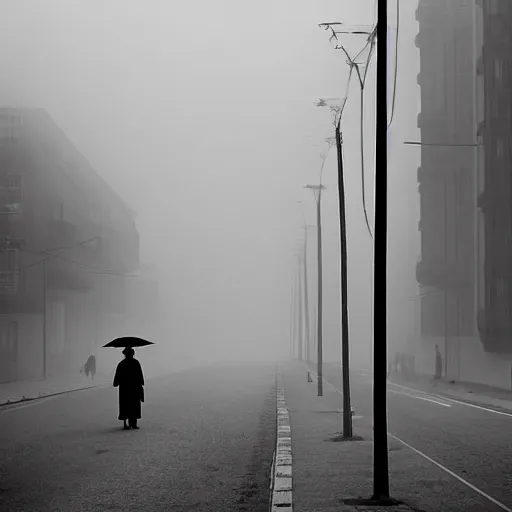 Image similar to people going to their office walking on wide side road,modern san francisco,misty morning with long shadows,fan ho photography