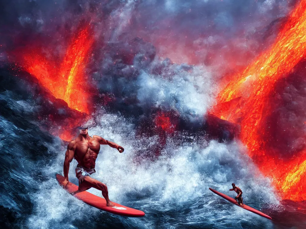 Image similar to portrait of a bodybuilder on surfing board inside erupting volcano, lava splashes, stunning scene, 8 k, extremely detailed digital painting, depth, bright colors, trending on artstation