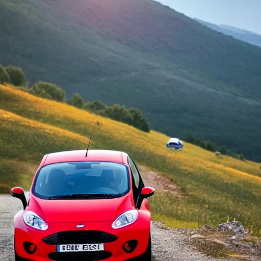 Image similar to red ford fiesta mk 6 zetec on a mountain road, spain, award winning photograph, golden hour