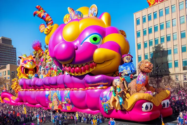 Image similar to photo of giant elaborate parade float designed by geoff darrow!!!! and ( ( ( ( ( ( lisa frank ) ) ) ) ) ), in the macys parade, detailed 4 k photo