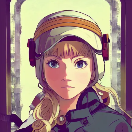 Image similar to Portrait of annasophia robb as an airship mechanic, steampunk, defined facial features, highly detailed, artstation, official artbook, official Kyoto Animation and Studio Ghibli anime screenshot, by Ilya Kuvshinov and Alphonse Mucha