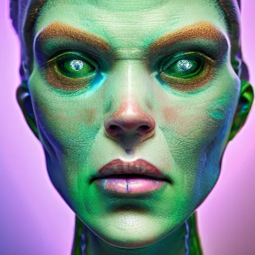 Prompt: hyperrealistic ultra detailed rococo cyborg woman with pearlescent blue skin wayne barlowe very dramatic green neon lighting on one side wide angle 35mm shallow depth of field 8k