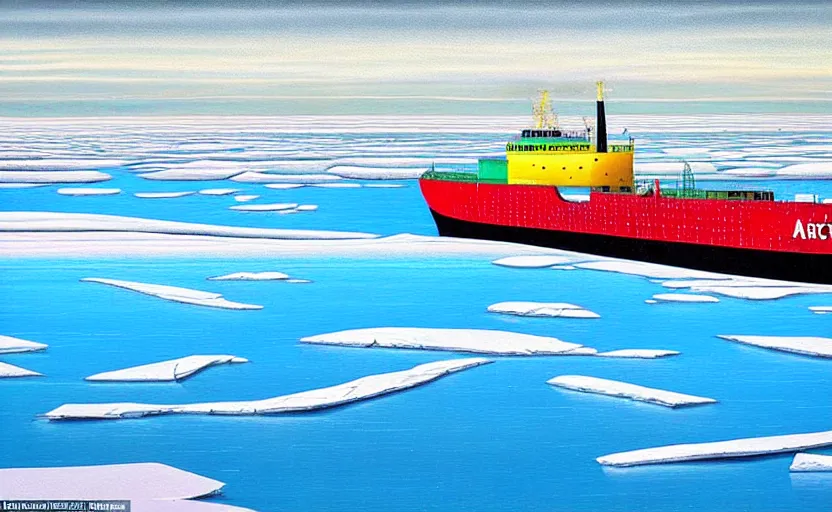 Image similar to a surreal colourful painting of arctic ice breaker going through ice field with epic cracks