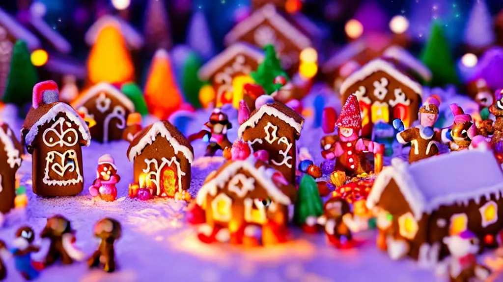 Prompt: closeup of colorful miniature gingerbread candy village at night, fantasy, fairytale, forest, halloween, snow, bokeh, depth of field 1 0 0 mm, cinematic scene, studio quality, visually stunning, unreal engine, octane render, trending on artstation, artgerm, cgsociety