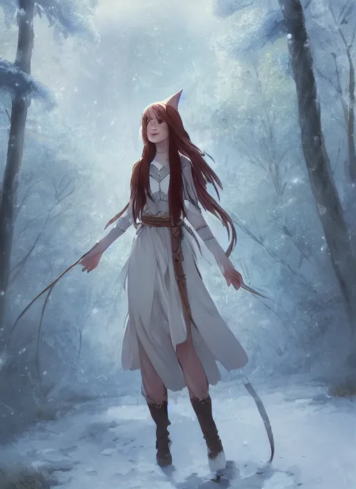 Image similar to an elven girl standing in a snowy forest, flowing white dress, auburn hair. By Makoto Shinkai, Stanley Artgerm Lau, WLOP, Rossdraws, James Jean, Andrei Riabovitchev, Marc Simonetti, krenz cushart, Sakimichan, trending on ArtStation, digital art.