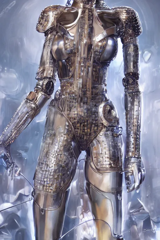 Image similar to Photorealistic illustration, fashion show with cyborg , with fashion clothe, six digital eyes by sorayama , sci-fi, futuristic, intricate, elegant, highly detailed, digital painting, artstation, concept art, smooth, sharp focus, art by artgerm, sorayama, greg rutkowski and alphonse mucha