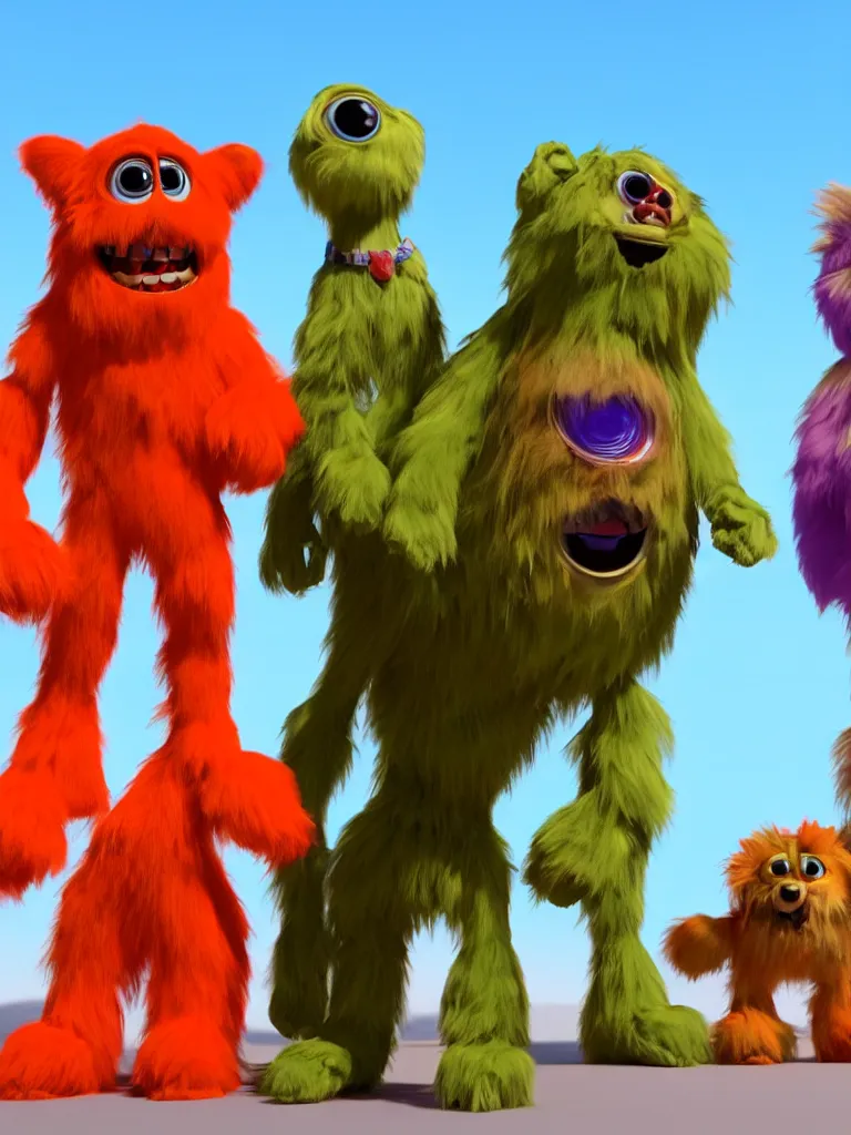 Prompt: smiling colorful furry monster toys each with gloved hands on their arms and boots on their feet and two big round eyes aligned horizontally, 3D model unreal engine highly detailed rendered in pixar renderman