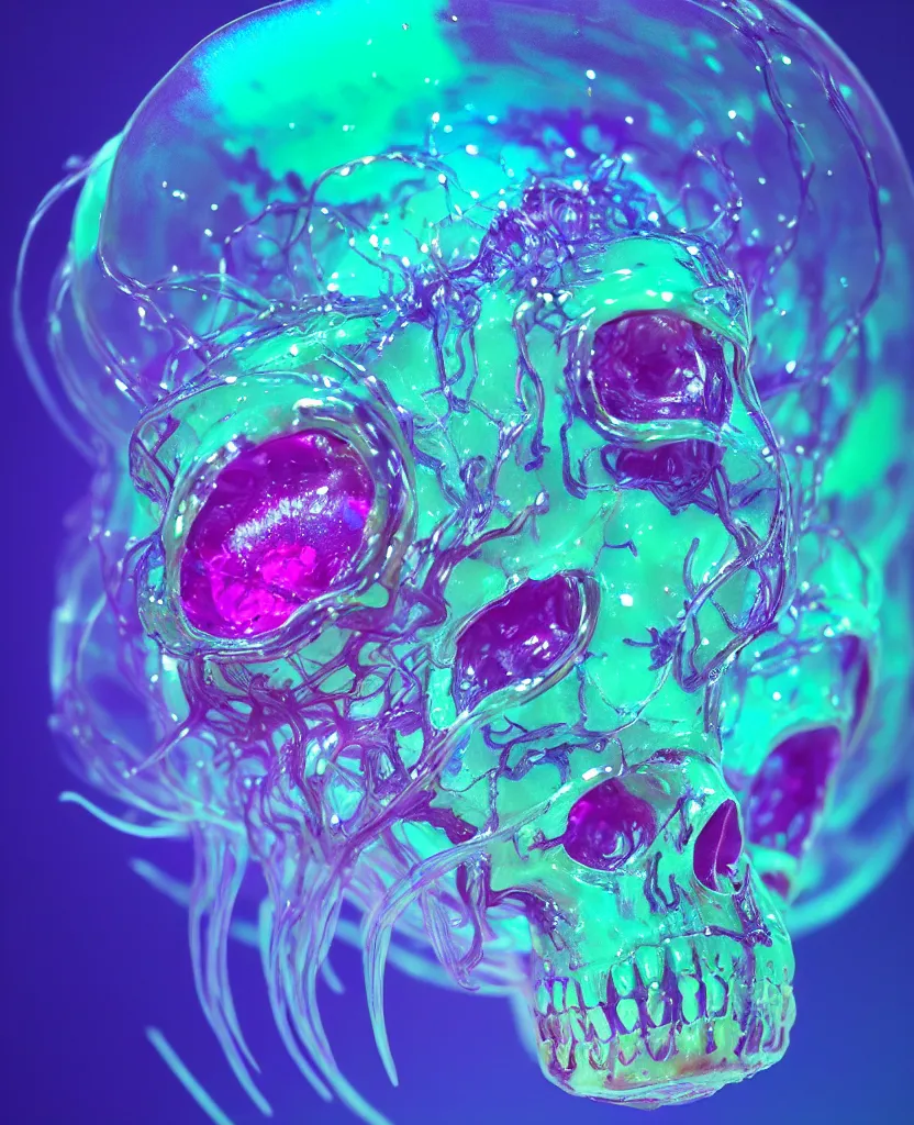 Image similar to close-up portrait of skull dichroic orchid jellyfish skull, betta fish, bioluminiscent creatures, intricate artwork by Tooth Wu and wlop and beeple. octane render, trending on artstation, greg rutkowski very coherent symmetrical artwork. cinematic, hyper realism, high detail, octane render, 8k