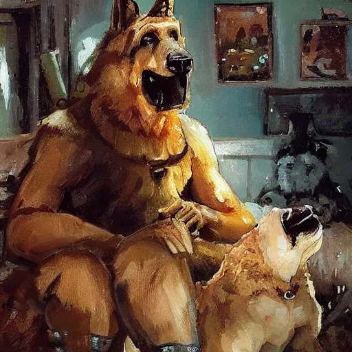 Image similar to a humanoid german shepherd beast - man, sitting and watching a soccer match in his house on television, he has hurt his knee and is a dad, by erin hanson, alexi zaitsev, karl spitzweg, award winning, tv set