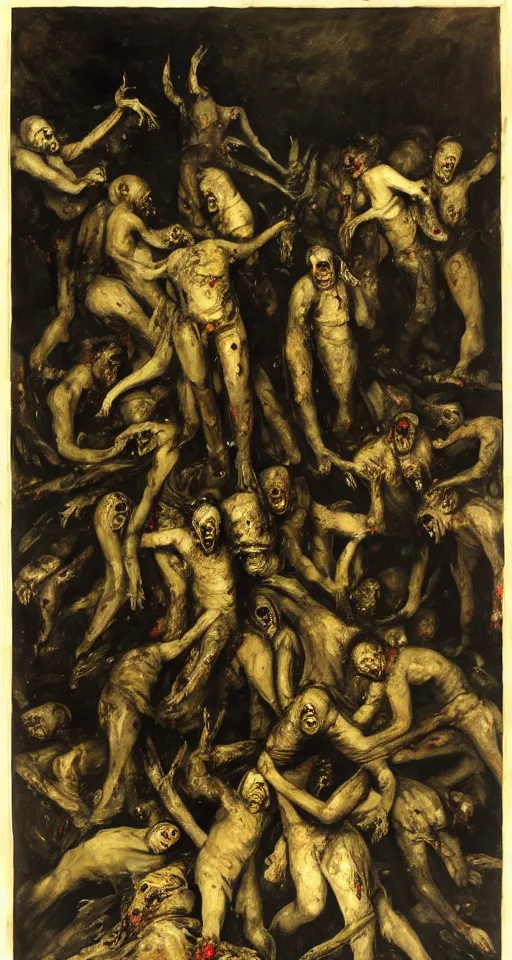 Image similar to mansion house of hungry cannibals tearing each other apart, covered in blood and black tattered clothing, standing on piles of limbs, hyperrealistic, horror, gothic, lovecraftian, 4 k, realistic, high detail, gruesome, by francisco goya