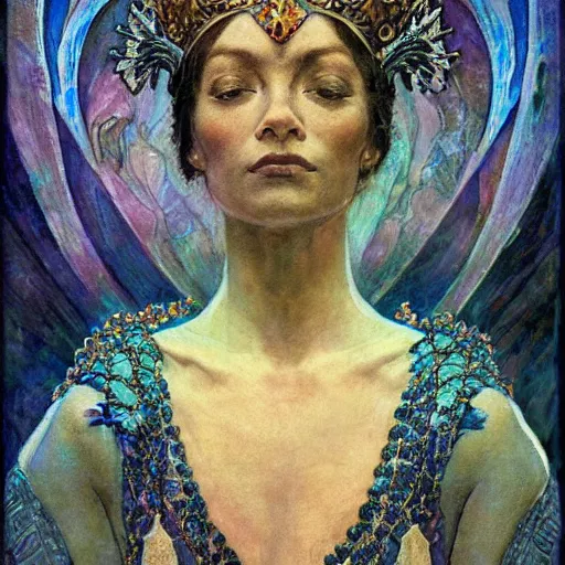 Prompt: the crystal crown, by Annie Swynnerton and Nicholas Roerich and Diego Rivera, tattooed bioluminescent skin, elaborate costume, geometric ornament, symbolist, Luis Royo, rich color, dramatic cinematic lighting, smooth, sharp focus, extremely detailed