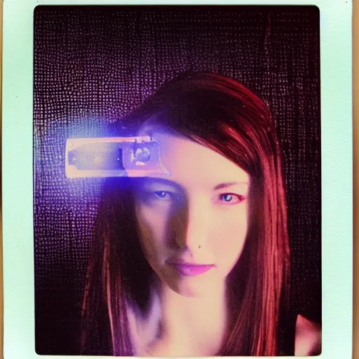 Prompt: cyber - polaroid of a female cyborg, ethereal, vortex