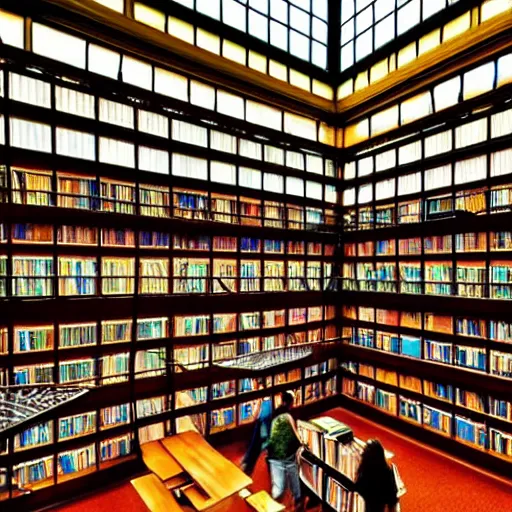 Prompt: Awesome library with huge stacks of books, stained glass windows, godrays, tables with people playing board games and reading and studying, and a slide from the top floor to the bottom. high quality. professional