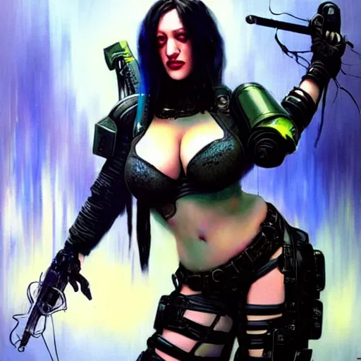 Prompt: a sexy cybergoth Doom Slayer Kat Dennings, dystopian mood, vibrant colors, sci-fi character portrait by gaston bussiere, craig mullins, Simon Bisley, curvy