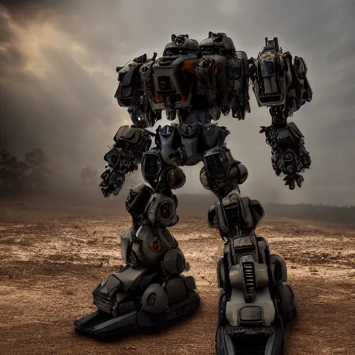 Image similar to centurion battle mech, battle damaged, shallow depth of field, moody lighting, 8 k,