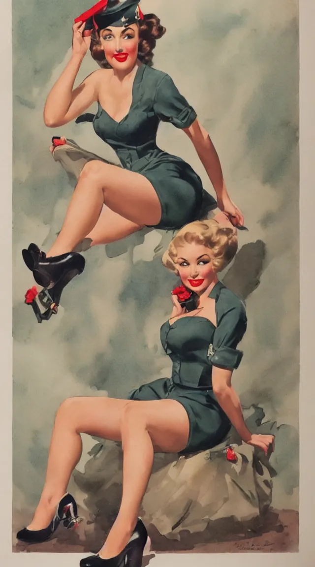 Image similar to a portrait full body pin up post war dressing a military unioform,water color, Gil Elvgren style