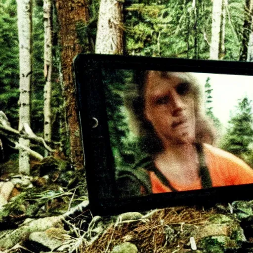 Image similar to a screen capture of found footage video left by a missing hiker in 1986,realistic