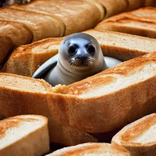 Image similar to baby seal hiding among loaves of bread at the grocery store, photo, realistic, 4k