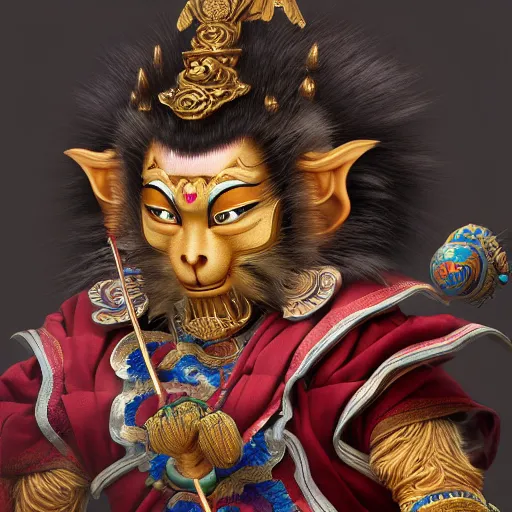 Prompt: a fantasy thangka of wukong by wu daozi, HD, 8k, vray,