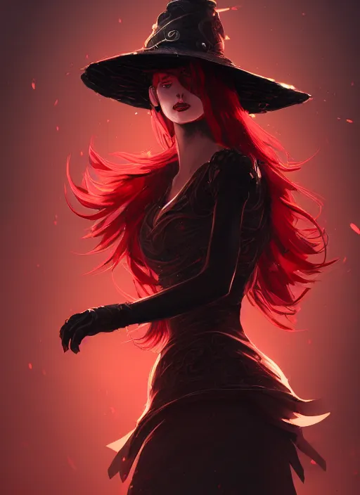 Prompt: a highly detailed illustration of red haired lady wearing black noir dress and black sun hat, dramatic singing pose, intricate, elegant, highly detailed, centered, digital painting, artstation, concept art, smooth, sharp focus, league of legends concept art, wlop.