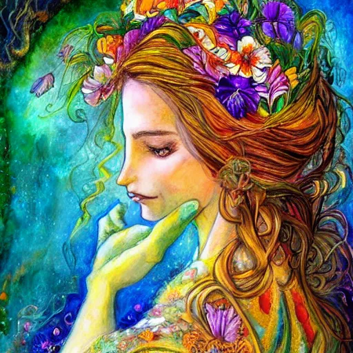 Image similar to a painting of a a woman with flowers in her hair, a storybook illustration by josephine wall, watercolor, deviantart, metaphysical painting, storybook illustration, detailed painting, whimsical, psychedelic art