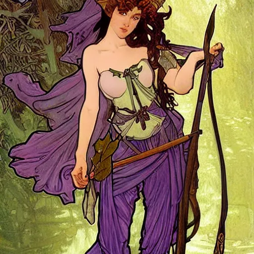 Image similar to short wood elf, purple hair, holding a long bow, green leaf cloak, leather armor, metal gauntlets, green eyes. in the style of alphonse mucha and john howe. fantasy. detailed.