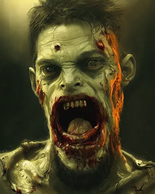 Prompt: hyper realistic photo portrait bearded zombie tongue out cinematic, greg rutkowski, james gurney, mignola, craig mullins, brom