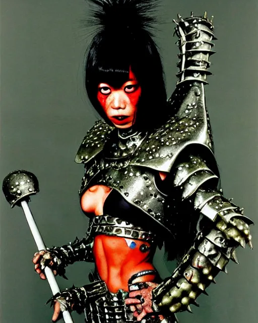 Image similar to portrait of a skinny punk goth yayoi kusama wearing armor by simon bisley, john blance, frank frazetta, fantasy, thief warrior