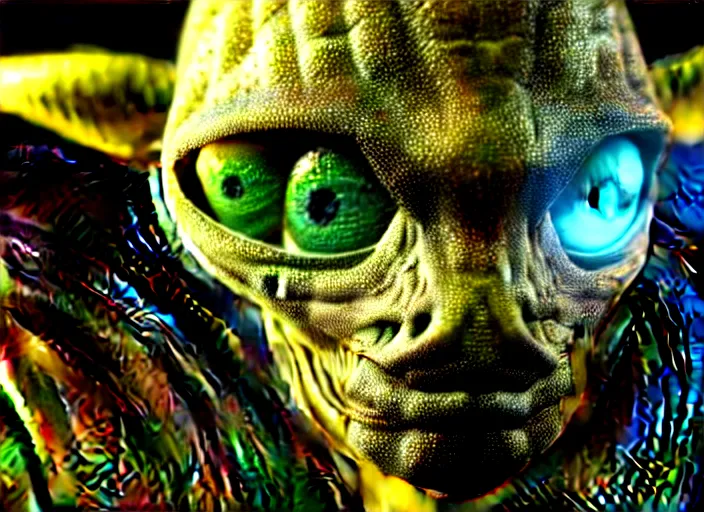 Image similar to hyperrealism, detailed textures, photorealistic 3 d render, an alien with crimsom coloured eyes in a super star system from 5 million years ago, sharp focus, ultra realistic, ultra high pixel detail, cinematic, intricate, cinematic light, concept art, illustration, art station, unreal engine 8 k