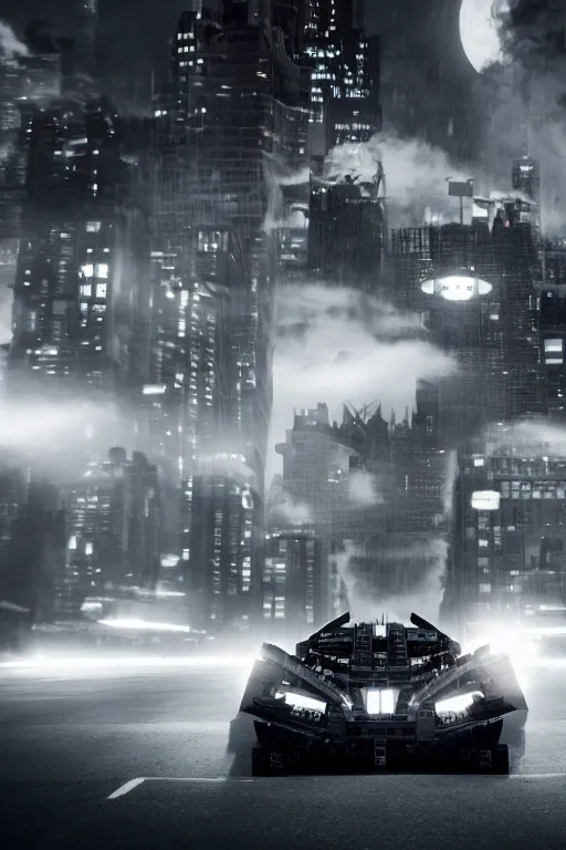 Prompt: the lego batmobile driving through gotham city at night. fluorescent light. pov from behind the wheel. octane render. 8 k. monochrome. black and white. mist. atmospheric. cinematic. hdr, raytracing, global illumination. a matte painting by ash thorp.