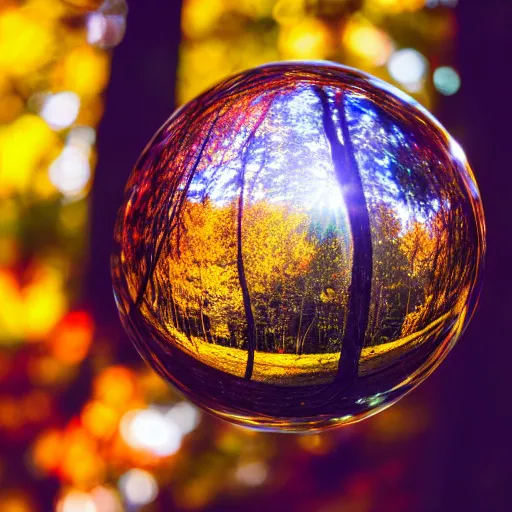 Prompt: a 3 5 mm lomography photo of wizard with clear glass fresnel ball in the sunshine autumn forest, falling autumn leaves are reflected in the ball, foggy bottom, god rays, ultrasharp, detailed, cinematic