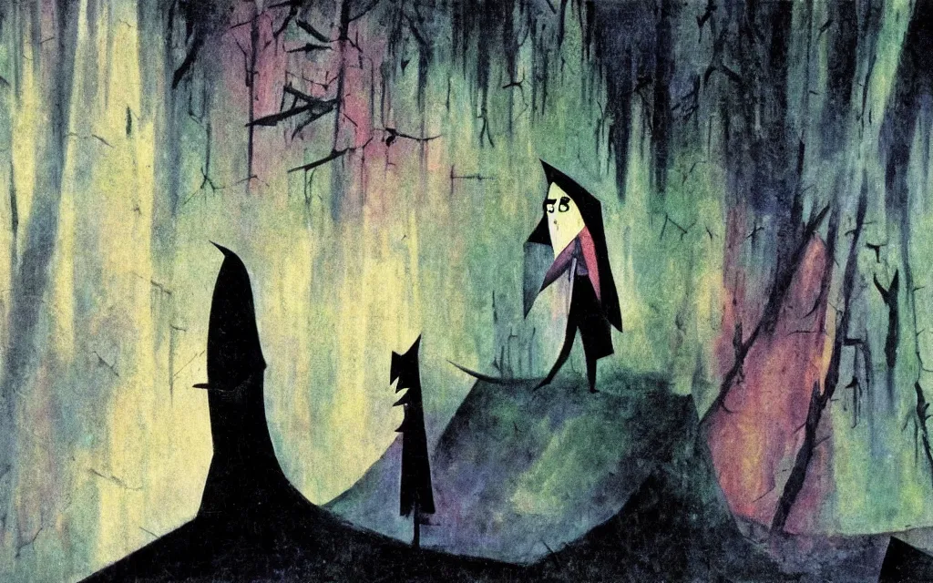 Image similar to high quality high definition colorized movie still from The Cabinet of Doctor Caligari: a lonely ghost walking alone at night in the woods, high quality oil painting, iridescent color palette