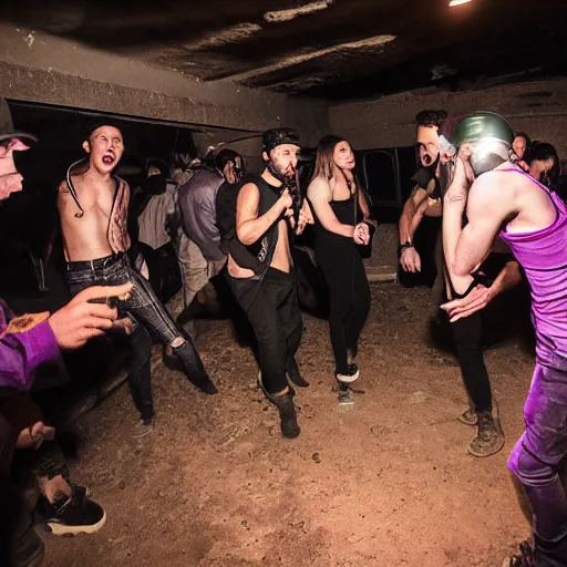 Prompt: photos of a wild underground party taken by merlin bronques