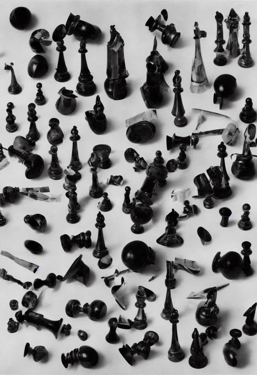 Prompt: research notes of a futuristic readymade object by Marcel Duchamp, chess pieces, flowchart, film stock by Irving Penn and Edward Weston