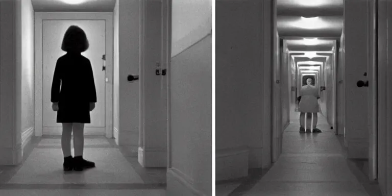 Image similar to photorealistic ultra wide cinematography of twin girls standing side by side in stanley kubrick's 1 9 8 0 film the shining standing in a long hallway inside the overlook hotel starring right at the camera shot on 3 5 mm eastman 5 2 4 7 film by the shining cinematographer john alcott shot on a wide kinoptik tegea 9. 8 mm lens. with golden ratio composition