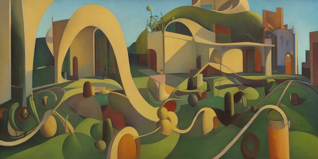 Prompt: biomorphic architecture, fantastical courtyard, grant wood, pj crook, edward hopper, oil on canvas