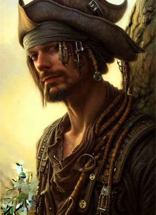 Prompt: closeup portrait shot of a pirate in a scenic dystopian environment, intricate, elegant, highly detailed, centered, digital painting, artstation, concept art, smooth, sharp focus, illustration, artgerm, tomasz alen kopera, peter mohrbacher, donato giancola, joseph christian leyendecker, wlop, boris vallejo