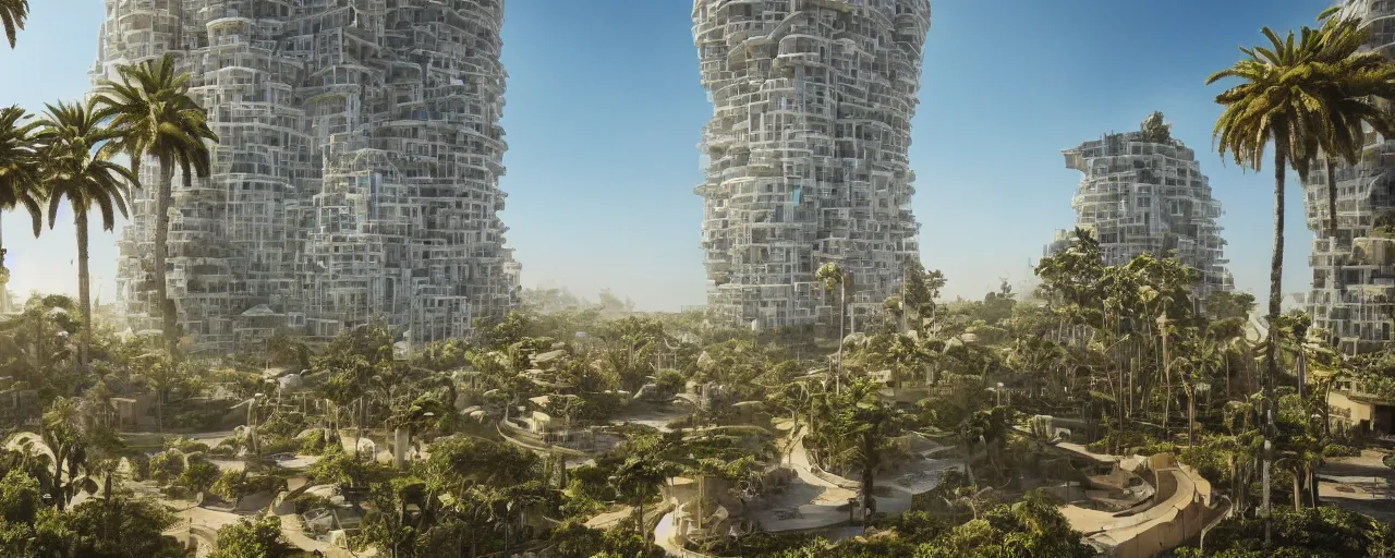 Image similar to contemporary golden babylon tower, sacred ancient architecture, hanging gardens, cascading highrise, arid mountains with lush palm forest, sunlight, post - production, octane, cgi, sfx