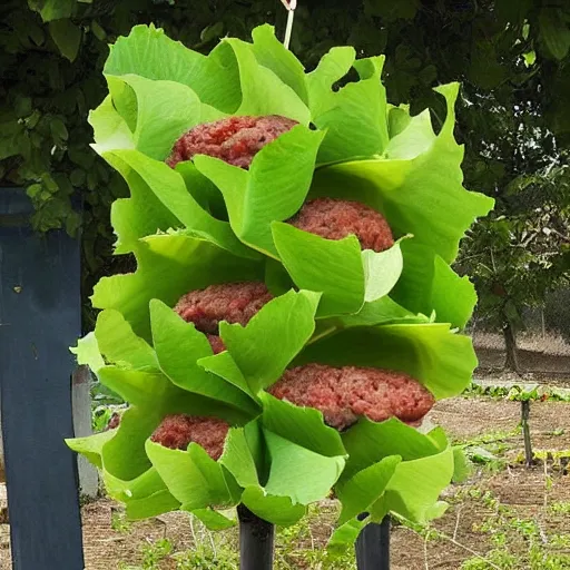 Image similar to look at this new plant, it grows fresh hamburgers and cheeseburgers right on the vine, brimming with a fresh crop of burgers growing on this burger plant