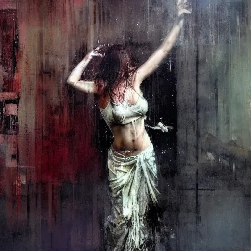 Prompt: full length portrait of a beautiful goddess, dancing in the rain, by Jeremy Mann, detailed, stylized, loose brush strokes, intricate, realistic, exaggerated lighting, sense of scale, free, melancholy