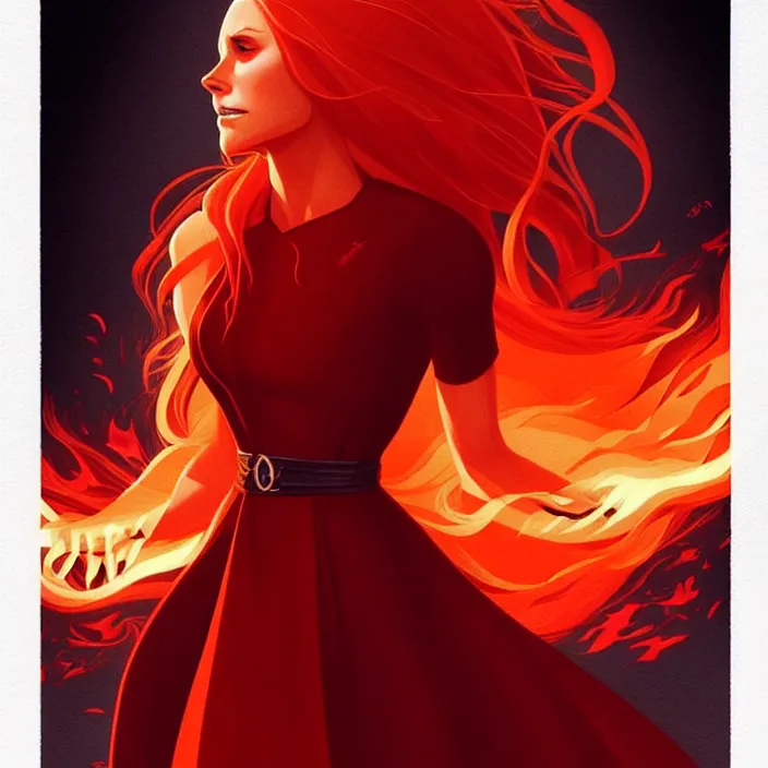 Image similar to style artgerm, joshua middleton, beautiful kristen bell with dark red dress, very long orange hair, symmetrical face, symmetrical eyes, fire powers fire swirling, detailed, volcano setting, cinematic lighting